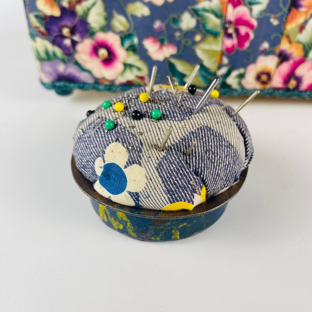 Vintage Style Hobby Sewing Box Blue with Pansy Print Green Trim with Pin Cushion - Picture 3 of 8